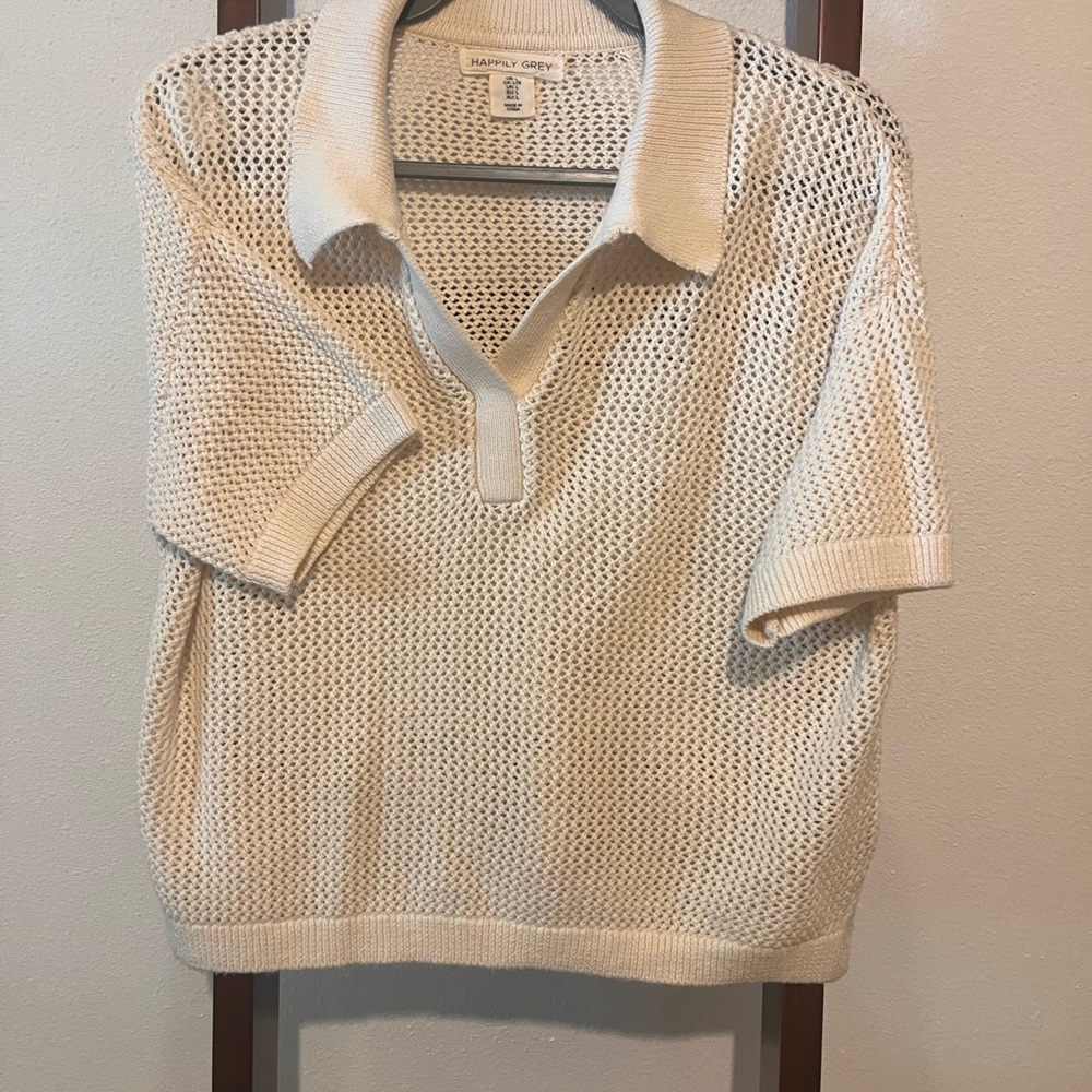 Cream Open-Knit Polo Sweater Top